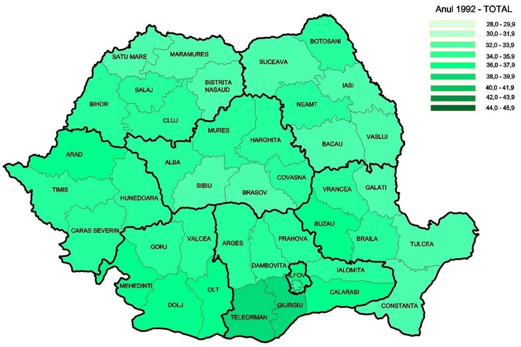 Figura 42: Vârsta medie în România, pe județe, 1992 și