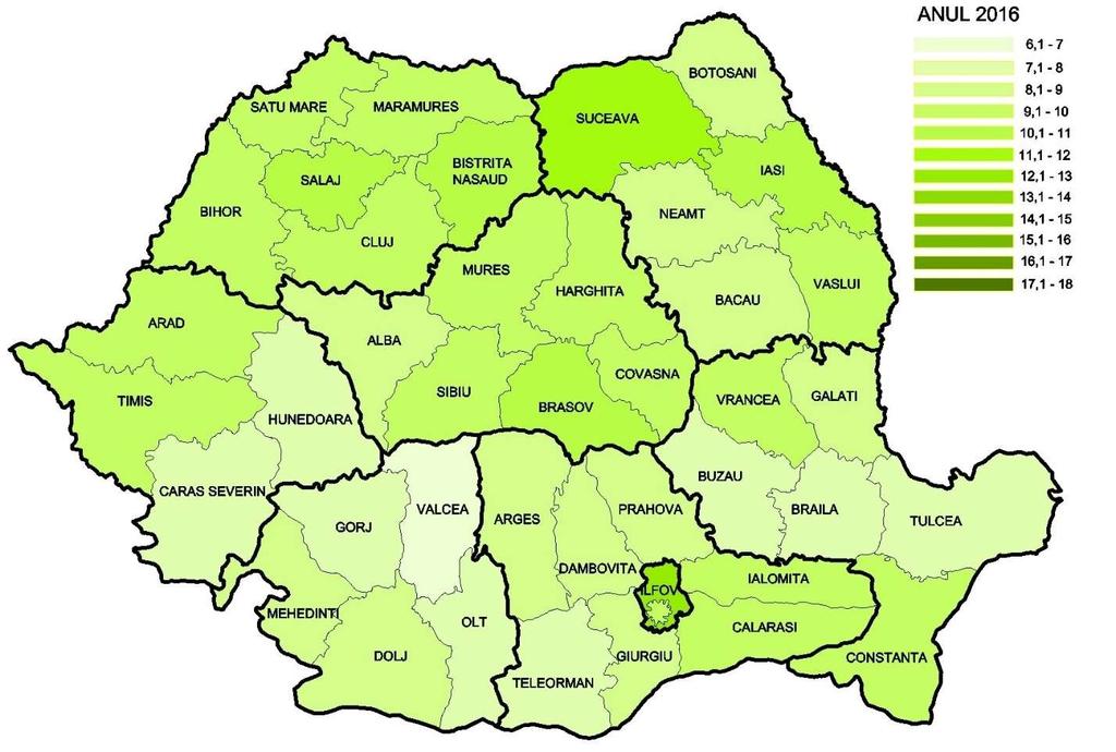 Figura 7: Rata de natalitate în România, pe județe, 1990 și 2016 (născuți-vii