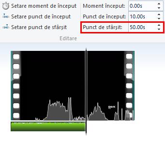 În exemplul din imaginea de mai jos, sunetul începe din secunda a 10-a, dar ocupă același timp în cronologie. Setare punct de sfârșit: Acesta stabilește punctul de sfârșit al clipului.