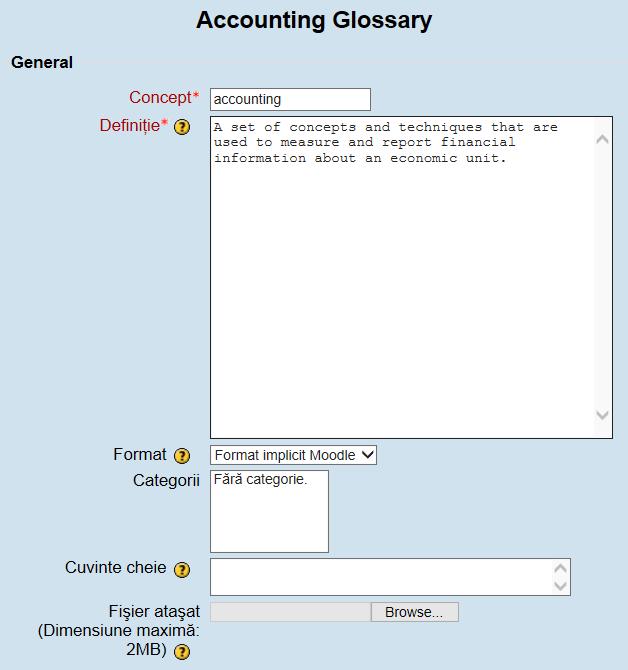 Deschidem Accounting Glossary selectăm Adaugă o intrare nouă.