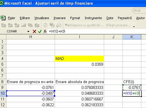 Figura 3.3. Formula de calcul pentru erorile cumulate ale unei prognoze ex-ante asupra cursului valutar leu/lir sterlin Sursa datelor: http://www.bnr.