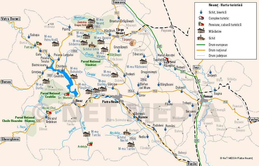 Harta turistica a judetului Neamt Cazare in Neamt In activitatea de turism functioneaza 15 hoteluri, 120 de pensiuni turistice si agroturistice si 50 de cabane.