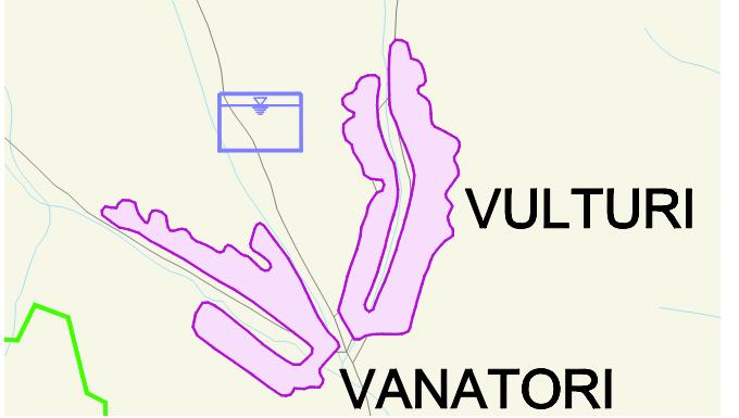 OPTIUNE 2: Sistem local cu sursa proprie: 4 foraje 0-100m, L_aduct - 3km - Dn 100mm, Statie de tratare a apei Q= l/s, Statie de clorinare Figura 0-26 Sistem local Vanatori (Vanatori si Vulturi)