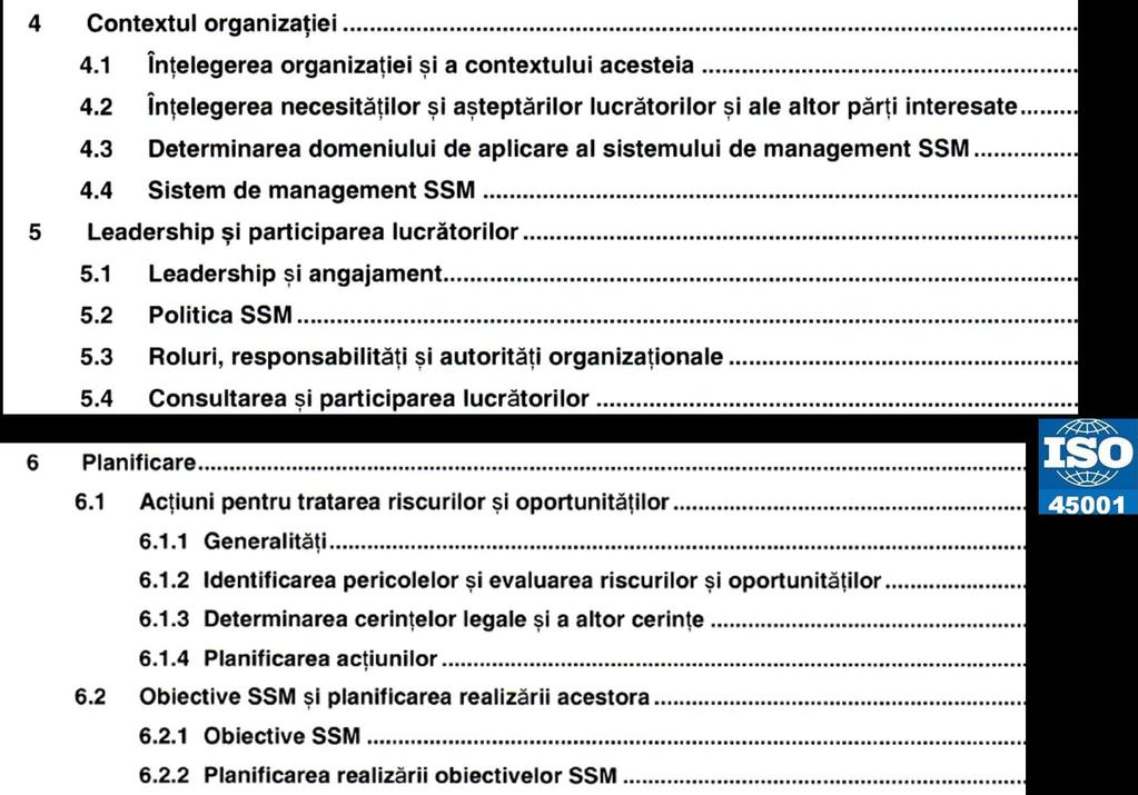 70 Structura noului standard ISO 45001:2018 Sisteme de management al sănătății și securității în muncă. Cerințe și îndrumări pentru utilizare este parțial prezentată în figura 6.