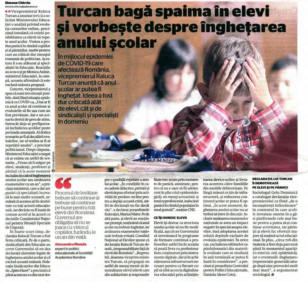 ADEVĂRUL: Turcan bagă spaima în elevi şi vorbeşte despre îngheţarea anului şcolar ȘTIRI PE SURSE: Consiliul Elevilor INTRĂ TARE după ce Raluca Turcan a anunțat posibila ÎNGEȚARE a anului școlar