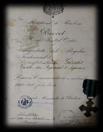 Semnul aducerii aminte Soldatul Garabet Vasile din Regimentul 38 Infanterie (Crucea Comemorativă a Războiului 1916-1918) Semnul aducerii aminte a fost