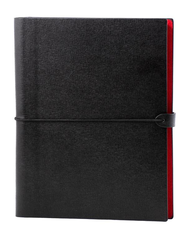 Notes Black Black Notebook The flexible cover is made of black natural leather on the outside and red leather on the inside. The cover is closed with elastic. There is a pen holder on the back.