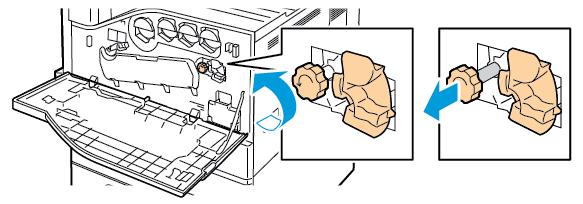 Atenţie: Nu efectuaţi această procedură în timp ce imprimanta copiază sau imprimă. 1. Deschideţi capacul frontal al imprimantei. 2.
