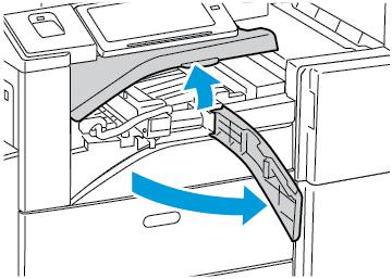Întreţinerea Golirea recipientului pentru resturi de perforare din Finisherul de Birou LX Atenţie: Nu efectuaţi această procedură în timp ce imprimanta