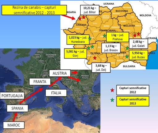 Harta nr 10-4 : Capturi semnificative de rezină de canabis realizate în perioada 2012-2013 Sursa: Agenţia Naţională Antidrog În ceea ce priveşte evoluţia confiscărilor de iarbă de canabis, precum şi