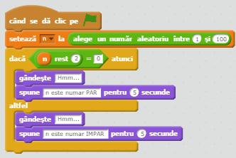 Fișa de lucru pentru elevi Să exersăm în Scratch! Ce credeți, pisica Scratch știe să ne spună dacă un număr n, ales la întâmplare (în mod aleator) este par sau impar? 1.