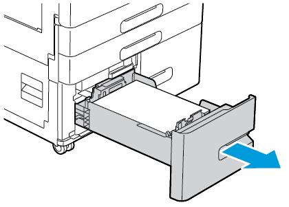 Hârtia şi suporturile de imprimare/copiere Alimentarea hârtiei în Tăvile 3 şi 4 ale modulului cu tăvi în tandem Atunci când hârtia din tavă este pe cale de a se epuiza ori s-a terminat, pe panoul de