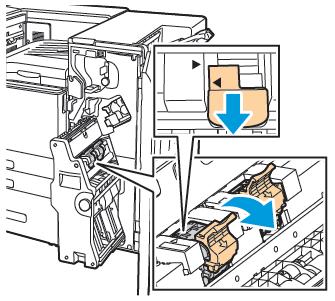 Întreţinerea Adăugarea capselor în dispozitivul de broşurare al finisherului Business Ready Atenţie: Nu efectuaţi această procedură în timp ce imprimanta copiază sau imprimă. 1.