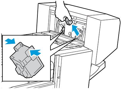 Rezolvarea Problemelor Înlăturarea blocajelor de capse de broşuri din finisherul de birou AVERTISMENT: Nu efectuaţi această procedură în timp ce imprimanta imprimă. 1.