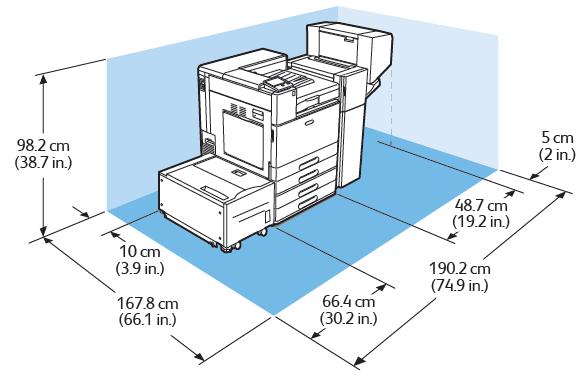 Specificaţii Cerinţe de spaţiu în cazul utilizării cu modul cu două tăvi şi finisher de birou cu dispozitiv de broşurare Lăţime: 188,7 cm (74,3 in.) Adâncime: 167,8 cm (66,1 in.