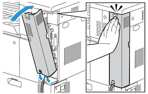 Iniţierea 4. Pentru a pune la loc capacul, aşezaţi agăţătorile în cele două părţi ale cablului, apoi ridicaţi capacul până când se blochează în poziţie. 5. Porniţi imprimanta. 6.