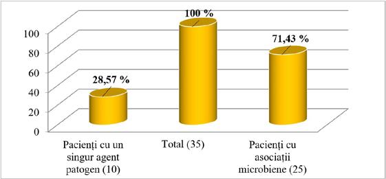 microbiene (2 sau 3 germeni patogeni izolați din secrețiile sinuzale ale aceluiași pacient) Din cei 35 de pacienți cu SMO, doar 10 (28,57%) au prezentat implicarea unui singur germene patogen, la