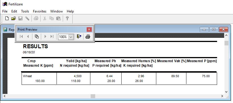 În figura10.9.9 sunt prezentate exemple de rezultate obținute pentru culturile de porumb și grâu atunci când datele au fost introduse corect. Aceste rapoarte pot fi tipărite. Fig. 10.9.9 Rezultate obținute pentru cultura de grâu Rezultatele obținute sunt stocate într-un tabel de rezultate în care se găsesc datele de intrare și necesarul de nutrienți.