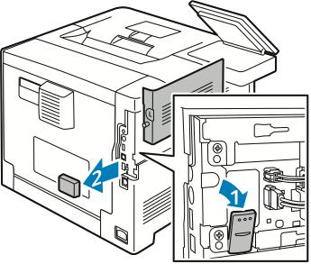 Iniţierea Îndepărtarea adaptorului de reţea fără fir 1. Opriţi imprimanta. 2. Pentru a deschide capacul din partea stângă, slăbiţi şurubul de fixare a acestuia în spatele imprimantei.