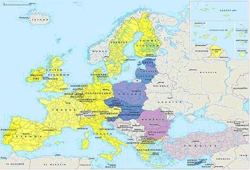 I. ANALIZA SITUAŢIEI CURENTE 1. SITUAŢIA SOCIO-ECONOMICĂ 1.1. Privire geografică de ansamblu Galben = UE-15; Albastru = NSM-10; Violet = Ţările în curs de aderare; Sursa: www.eurunion.