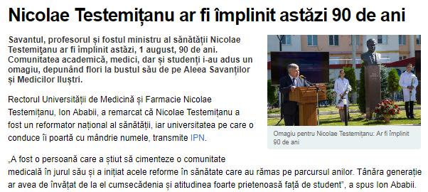 Denumirea canalului media: www.point.md Titlul știrii: Nicolae Testemițanu ar fi împlinit astăzi 90 de ani Data publicării: 01.08.