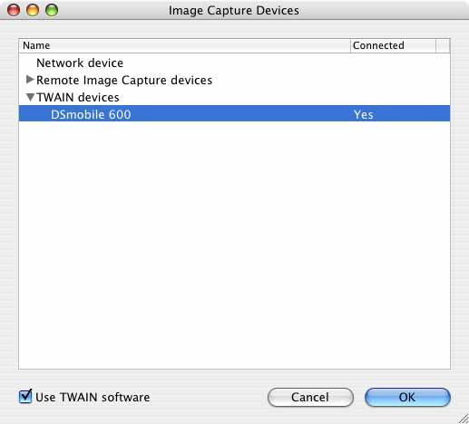 Utilizarea cu Mac OS X f Se afişează fereastra Image Capture Devices (Dispozitive Image Capture). 2 g Faceţi clic pe DSmobile 600.