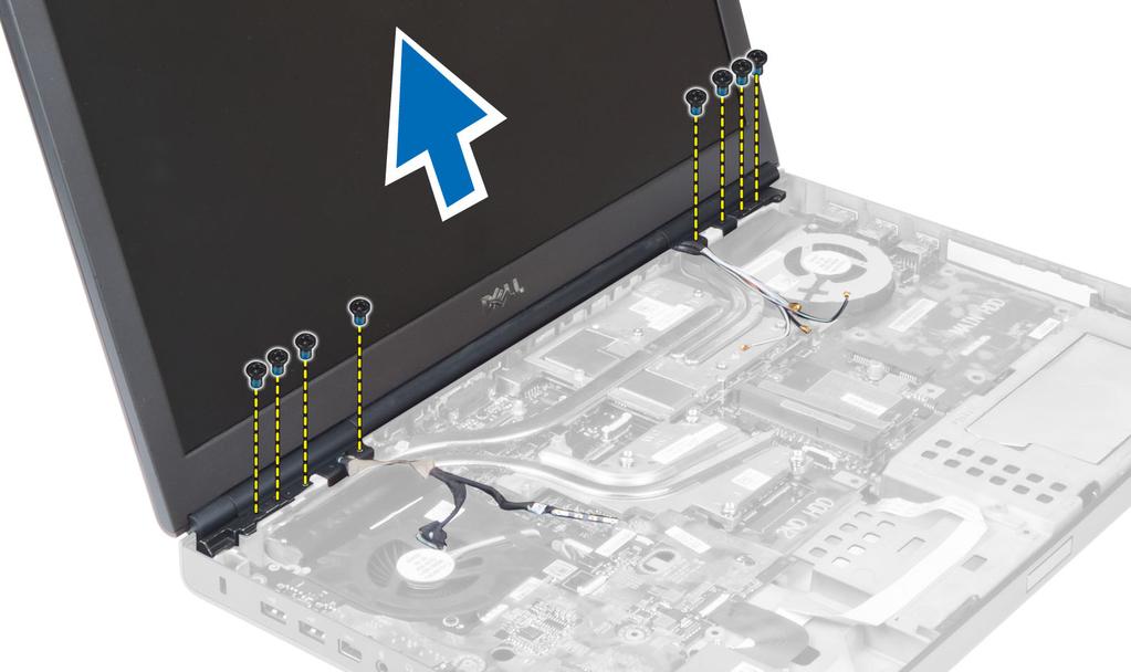 Instalarea ansamblului afişajului 1. Strângeţi şuruburile pentru a fixa ansamblul afişajului în poziţie. 2. Conectaţi camera şi cablurile LVDS la conectorii corecţi de pe placa de sistem. 3.
