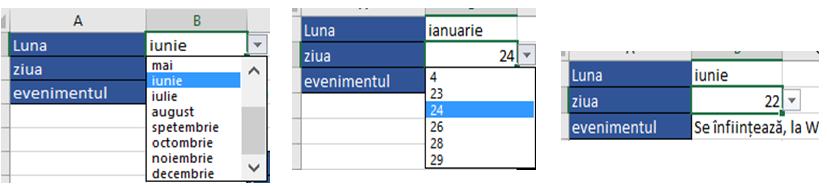 în celula B2 o listă derulantă care va conţine zilele în care au avut loc evenimentele premergătoare Marii Uniri, astfel încât la alegerea unei luni din lista existentă în celula B1 să se afișeze o