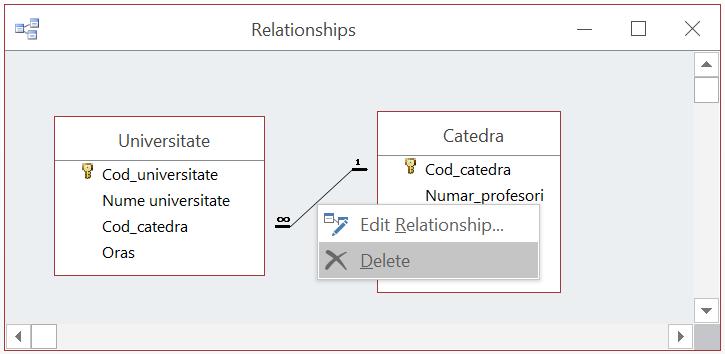 Pentru ştergerea unei legături între două tabele, se execută click pe legătură şi se apasă tasta Delete.