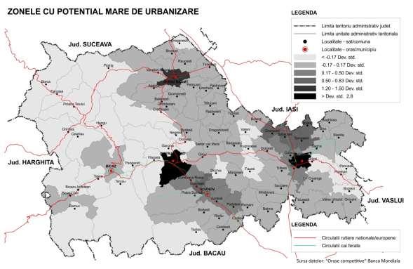 5.5. Dezvoltare teritorială şi spaţială Potenţialul de urbanizare Harta zonelor cu potenţial mare de urbanizare, realizată în cadrul studiului «Oraşe Competitive» al Băncii Mondiale, prezintă o
