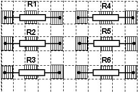 3. În schema din figura 2 completez legăturile dintre rezistoare conform schemei rețelei de rezistoare din figura 1 astfel: A B Figura 3 Schema de conexiuni a rezistoarelor cu conductoare Conectez un