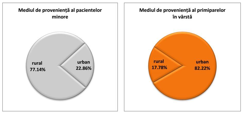 Figura F.1.2. Distribuția parturientelor minore și celor primipare în vârstă în funcție de mediul de proveniență Marea majoritate a parturientelor provin din mediul rural (77.14%), cu doar 22.