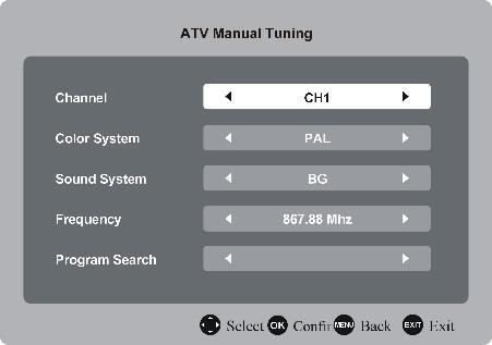 1.1 Cautare automata - Apasati butonul de navigare OK pentru a selecta. - Utilizati butoanele de navigare pentru a selecta ATV, DTV sau cautare automata ATV + DTV.