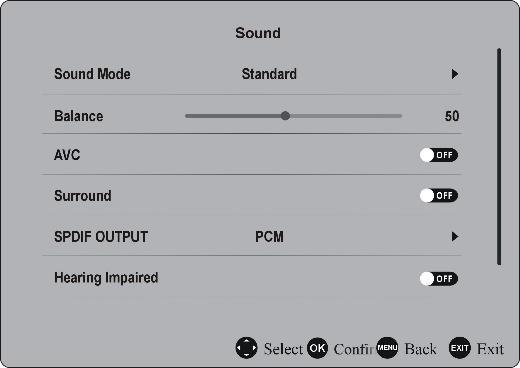 3. Sunet 3.1 Modul de sunet - Apasati butoanele de navigare SUS/JOS/STANGA/ pentru a selecta o optiune. Mod sunet: optiuni disponibile: Standard, Muzica, Film, Sport.
