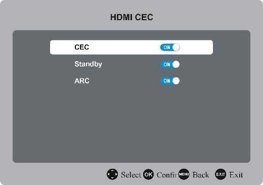 4.7 HDMI CEC - Apasati OK sau butonul de navigare DREAPTA pentru a accesa. Pentru a utiliza functia HDMI CEC: - Asigurati-va ca dispozitivul HDMI (Amplificator, etc.