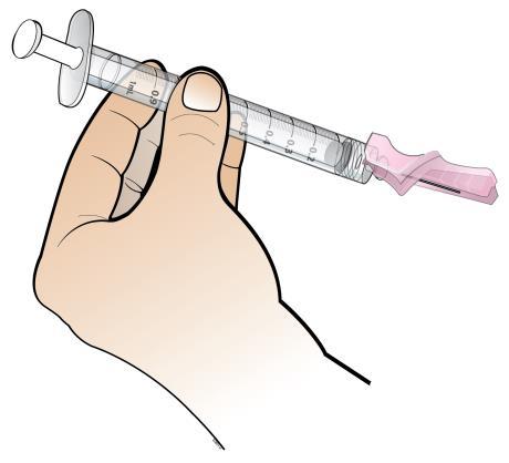 După injectare, activaţi capacul roz prevăzut cu dispozitiv de protecţie pentru ac prin apăsarea capacului utilizând aceiaşi mână, până când auziţi şi/sau simţiţi un click/blocarea.