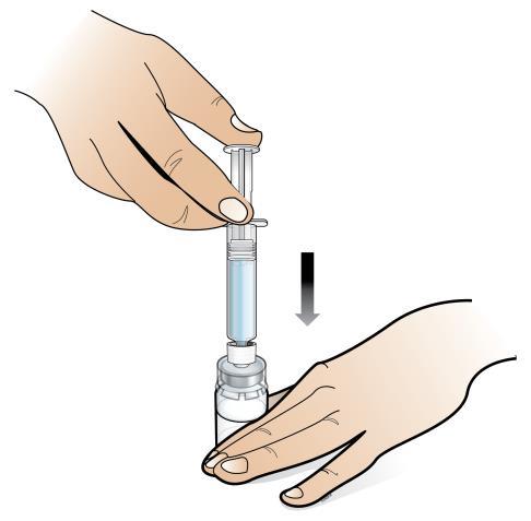 Pasul 4: Dizolvaţi Nplate prin injectarea apei în flacon Utilizaţi: Seringa preumplută cu apa sterilă şi flacon cu adaptor de flacon atasat.
