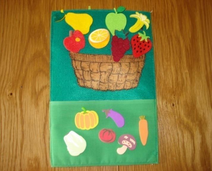 Pagina 2 Coş cu legume şi fructe dezvoltare senzorială Copilul trebuie să diferenţieze legumele de fructe, să le scoată pe rând din buzunarul