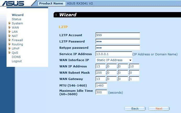 Pasul 2: Introduceţi L2TP Account (Cont L2TP), Password (Parolă), Service IP address (Adresă IP serviciu), WAN IP address (Adresă IP WAN), Subnet address (Adresă subreţea), Gateway care au fost