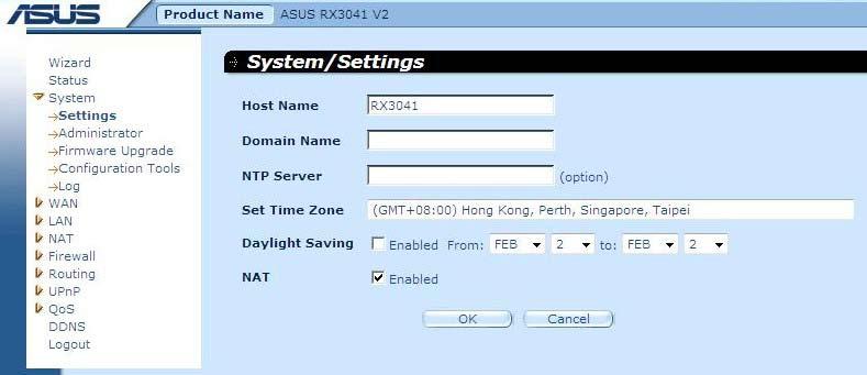 2.3.2 Setări sistem Fereastra Setări sistem configurează setările de bază ale ruterului, cum sunt Host Name (Nume gazdă), Domain Name (Nume domeniu), Set Time Zone (Setare fus orar), Daylight Saving