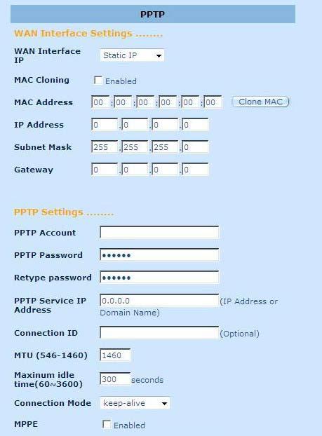2.4.5 PPTP Fereastra PPTP permite utilizatorilor să configureze setările PPTP de bază pentru ruter. Cont PPTP: Introduceţi contul PPTP furnizat de ISP. Parolă PPTP: Introduceţi parola alocată de ISP.
