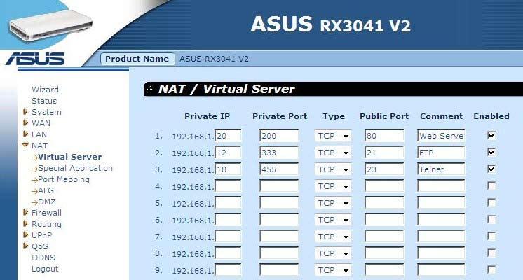 2.6 NAT 2.6.1 Server virtual În cazul în care configuraţi ruterul ca server virtual, serviciile de acces ale utilizatorilor la distanţă, precum Web sau FTP la site-ul local prin adresele IP publice