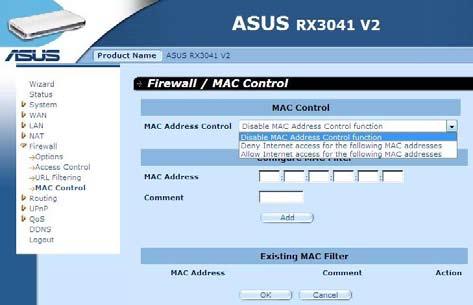 4 Control MAC Fereastra MAC Control (Control MAC) permite utilizatorului să blocheze accesul unor anumite PC-uri client la Internet, în funcţie de adresa MAC.