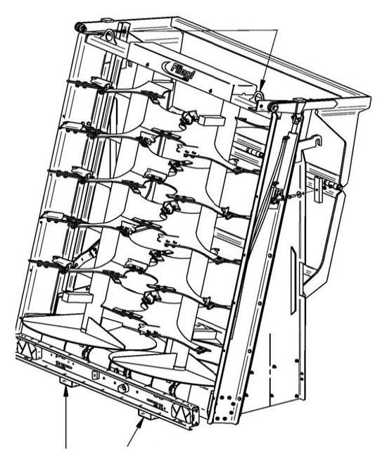 4. Montare Pentru manipularea echipamentului de împrăștiat gunoi de grajd sunt necesare următoarele echipamente: o macara lanț / curea de ridicare / șuruburi U (3000 kg) un stivuitor o platformă/