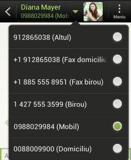 68 Mesaje Răspunderea către un alt număr de telefon al persoanei de contact Atunci când o persoană de contact are mai multe numere stocate pe HTC One SV, veţi putea vedea numărul de telefon respectiv