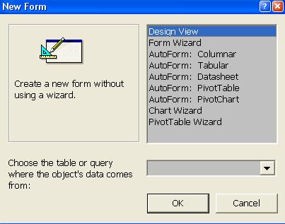 Realizarea formularelor Atunci când se realizează un formular se selectează butonul Forms din fereastra Database şi apoi butonul New.