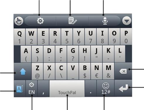 Tastatura Touch Pal Atinge pentru a deschide setările Atinge pentru a deschide meniul editare Atinge pentru a deschide meniul editare Atinge pentru a schimba între caractere cu majusculă și cele