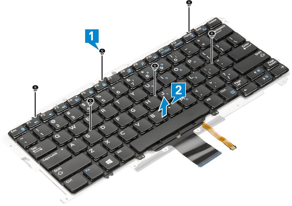 Instalarea tastaturii în tava tastaturii 1 Aliniaţi tastatura cu suporturile pentru şuruburi de pe tava tastaturii. 2 Strângeţi cele şase şuruburi (M2.0 x 2.