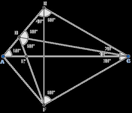 Soluția 2: Construim triunghiul echilateral BCF în semiplanul determinat de dreapta BC și punctul A. Din calcule de unhiuri se obține că patrulaterul BCFD este inscriptibil. m ( DFB ) =m ( DCB ) = 20.