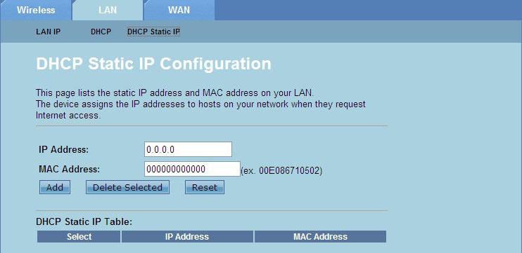 Configurarea setărilor IP static DHCP Pagina DHCP Static IP Configuration (Configurare IP static DHCP) vă permite să atribuiţi adrese IP în LAN unui anumit PC pe baza adreselor MAC.
